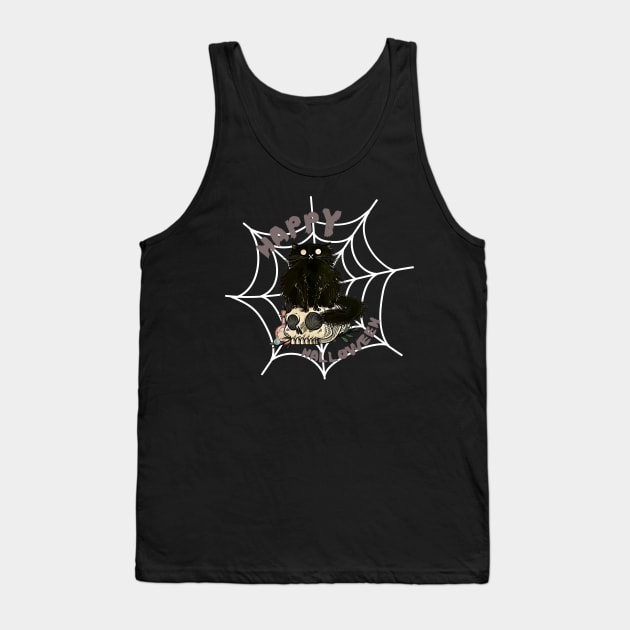 Happy Halloween, black cat on top of skull Tank Top by JK Mercha